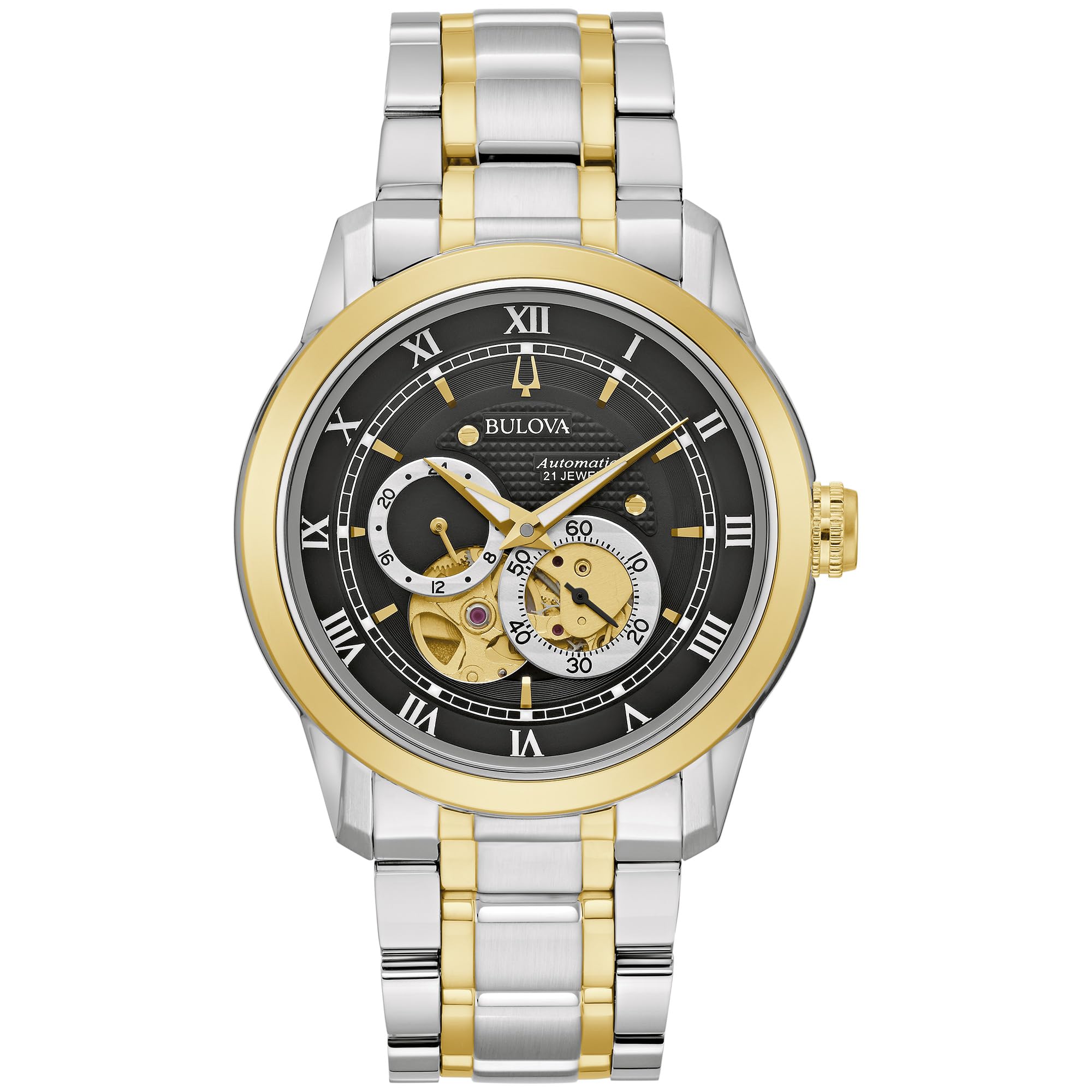 Bulova Men's Classic Sutton 4-Hand Automatic Watch, 24-Hour Sub Dial, Open Aperture, Self-Winding, Exhibition Caseback, Double Curved Mineral Crystal, Luminous Hands, 42mm