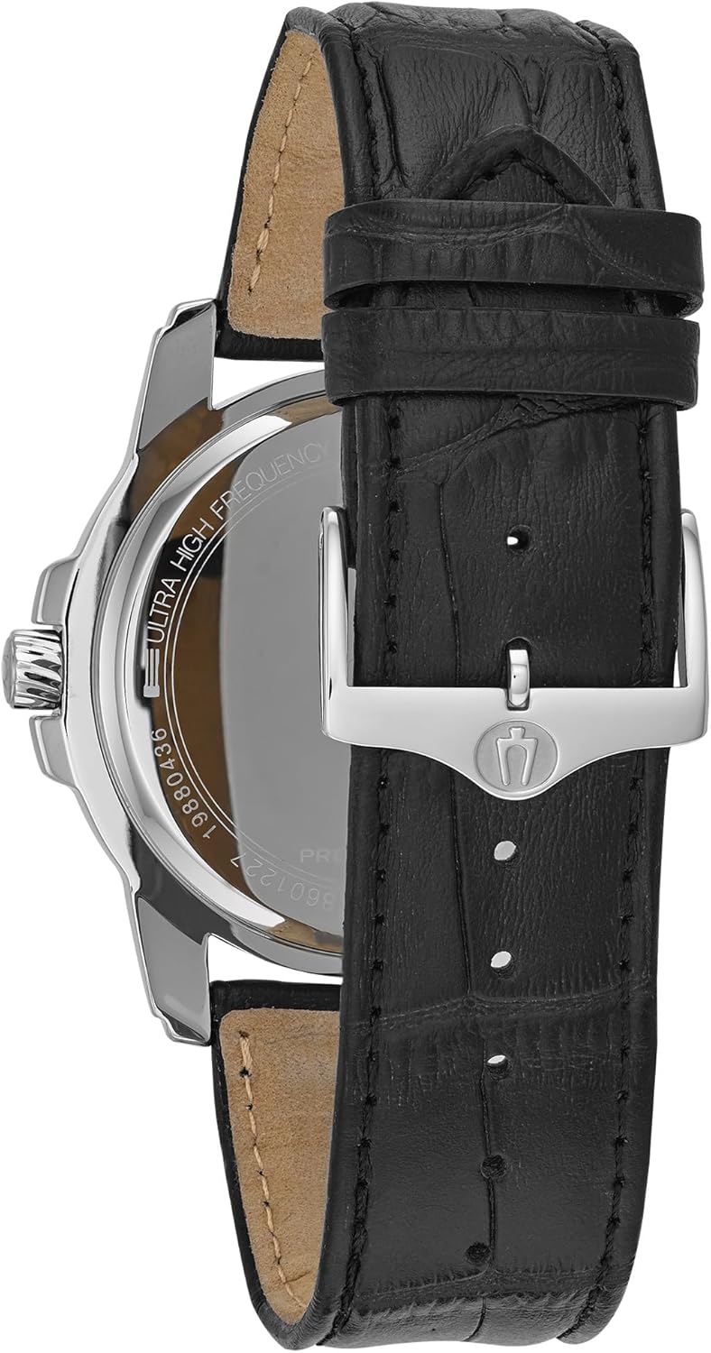 Bulova Men's Precisionist 3-Hand Calendar in Stainless Steel with Black Leather Strap and Black Patterned Dial Style: 96B158