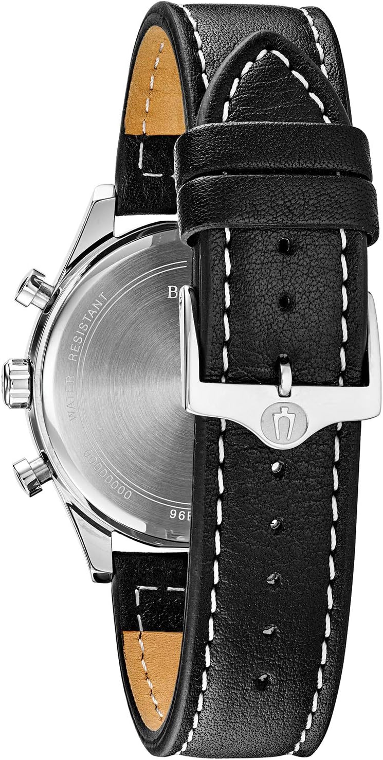 Bulova Men's Classic Stainless Steel 6-Hand Chronograph Quartz Leather Strap Watch with Grey Dial, Gold Accents, Arabic Markers, 41mm