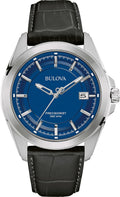 Bulova Men's Precisionist 3-Hand Calendar Stainless Steel with Black Leather Strap and Blue Dial Style: 96B257