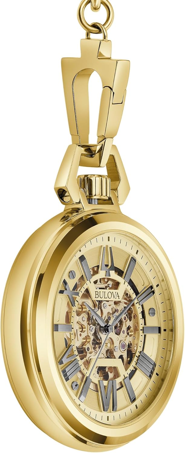Bulova Classic Sutton Automatic Pocket Watch 3-Hand Date Stainless Steel, Full Skeleton, Gold Dial with Stainless Chain Style: 97A178