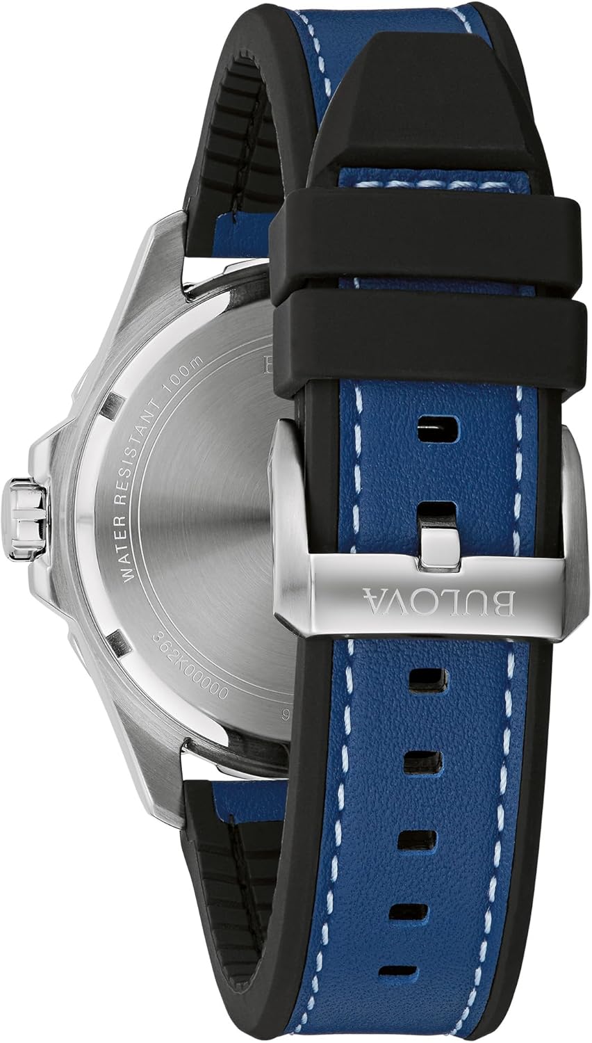 Bulova Men's Marine Star Quartz Silver Stainless Steel Watch, Leather and Silicone Strap, 100M Water Resistant, 43mm