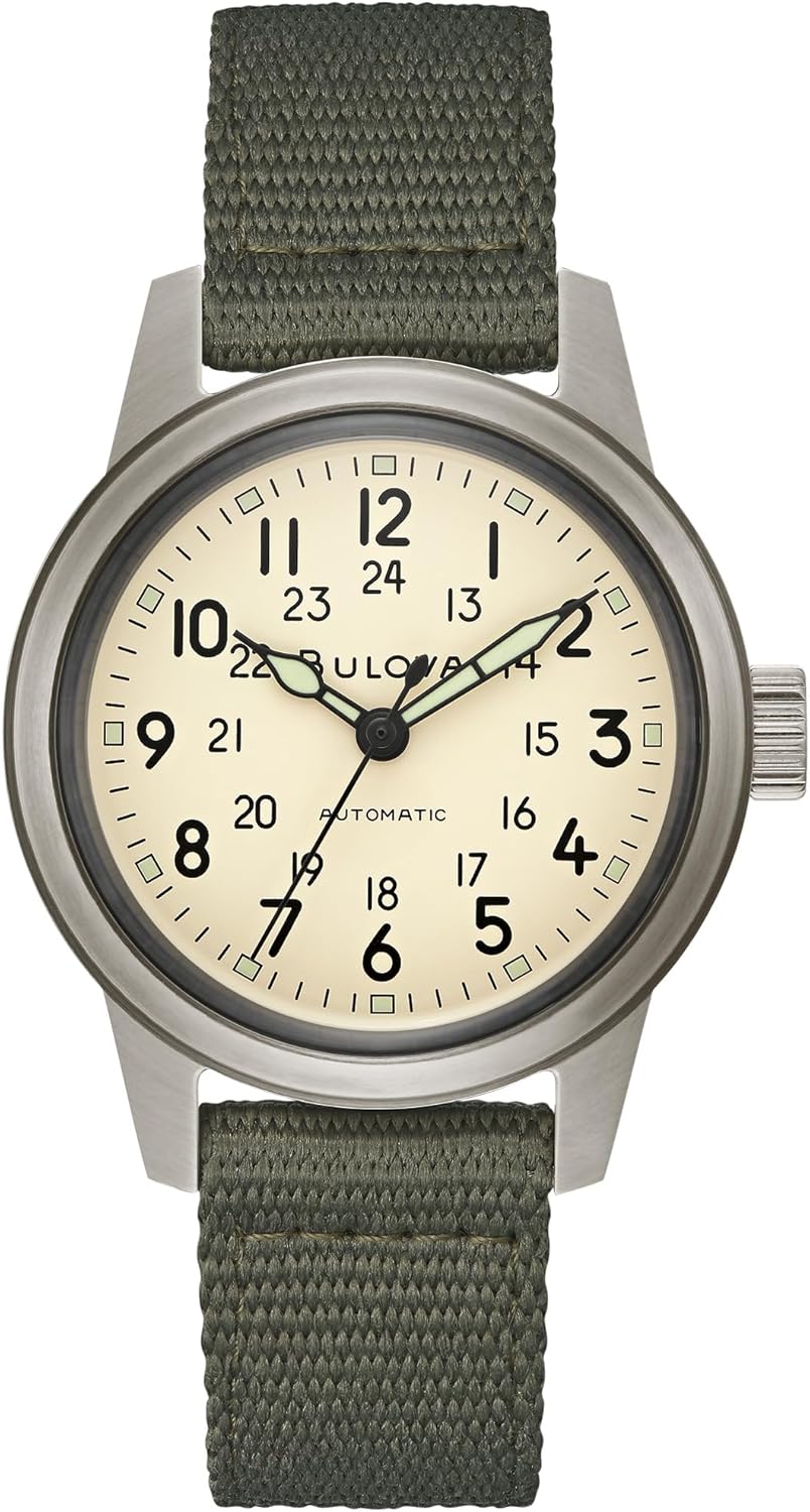Bulova Men's Military Hack Automatic Black PVD-Coated Stainless Steel Case and Green Nylon Strap Watch, Ivory Dial Style:98A307