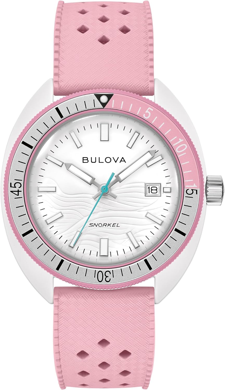 Bulova Oceanographer Snorkel Amazon Exclusive Ceramic Case and White Perforated Rubber Strap Watch, Day Date 100M WR