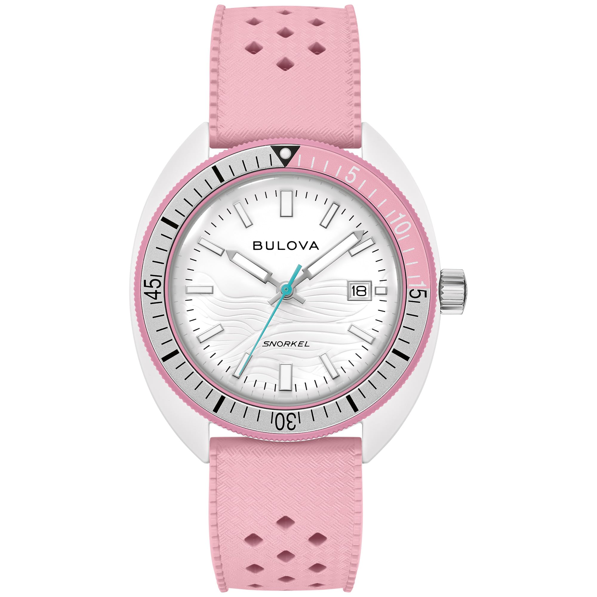 Bulova Oceanographer Snorkel Amazon Exclusive Ceramic Case and White Perforated Rubber Strap Watch, Day Date 100M WR