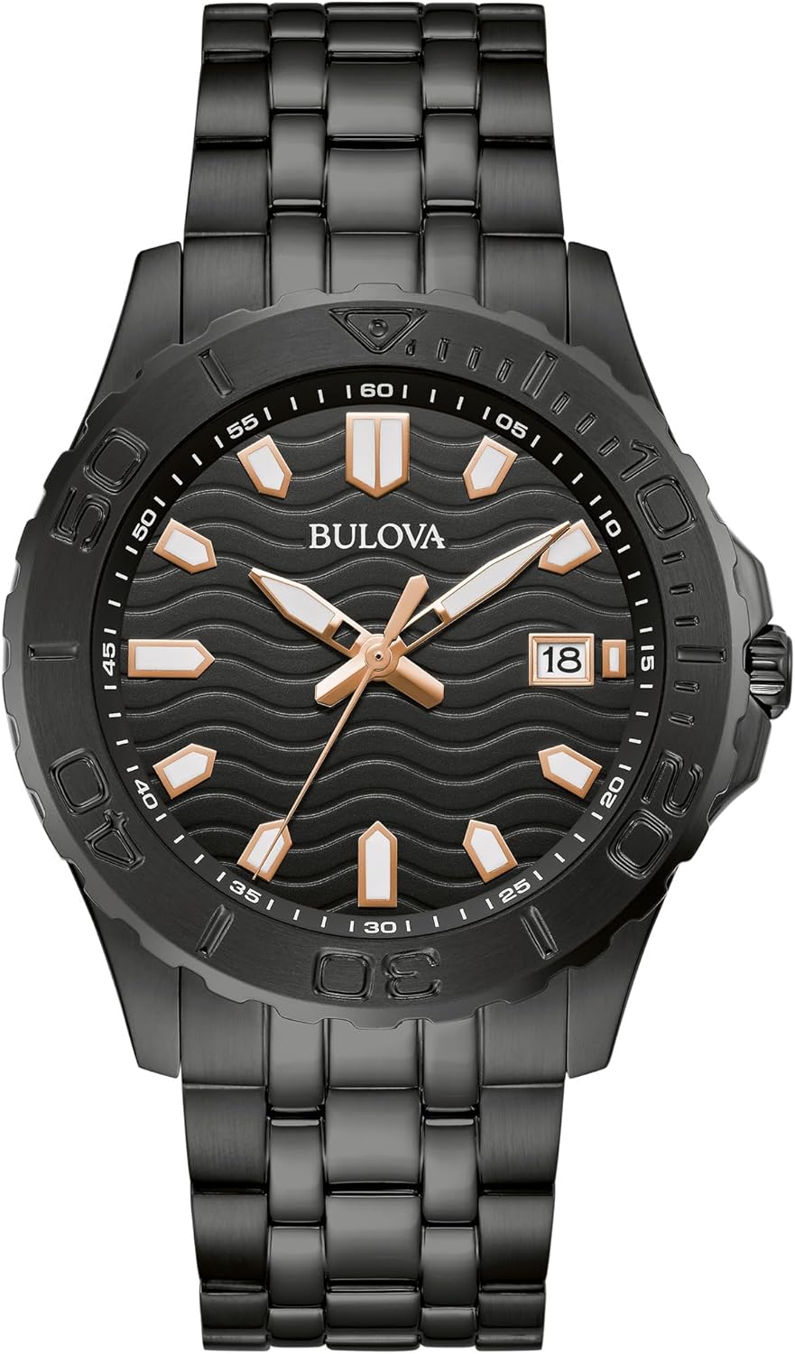 Bulova Men's Sport Watch, Black Stainless Steel Bracelet, Rose Gold Accents, Luminous Markers Black Dial, 42mm Case Style: 98B438