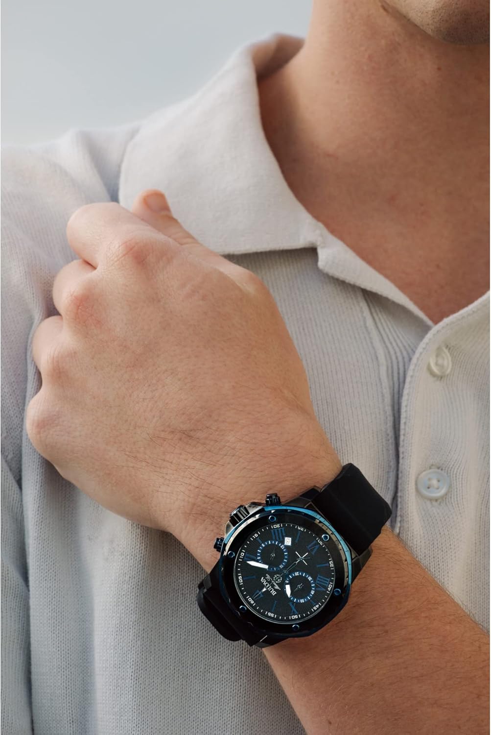 Bulova Men's Marine Star Series A Black and Blue Ion-Plated Stainless Steel 6-Hand Chronograph Quartz Watch, Black Silicone Strap, 40mm Style: 98B308