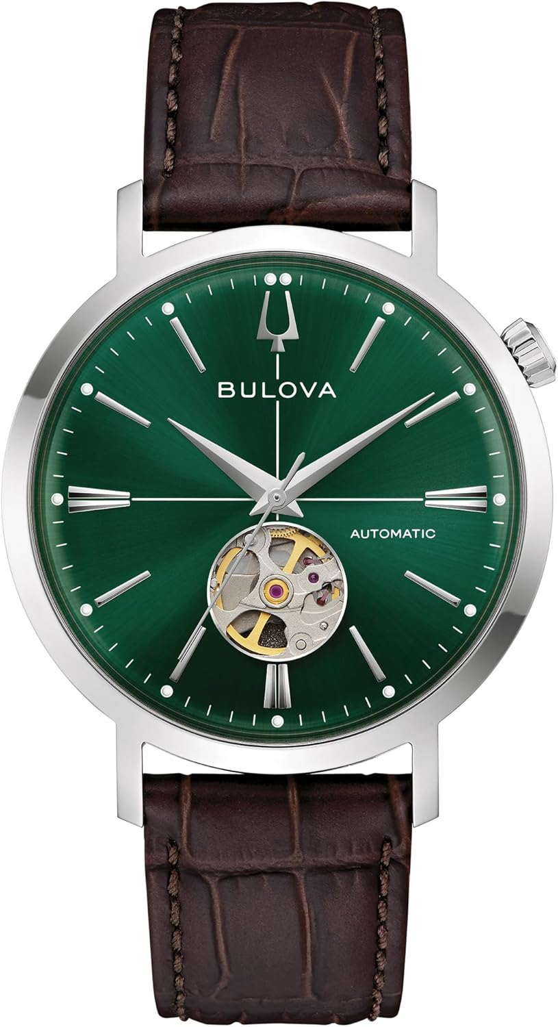 Bulova Men's Classic Aerojet 3-Hand Automatic Leather Strap Watch, Open Aperture, 40-Hour Power Reserve, Double Curved Mineral Crystal, 41mm