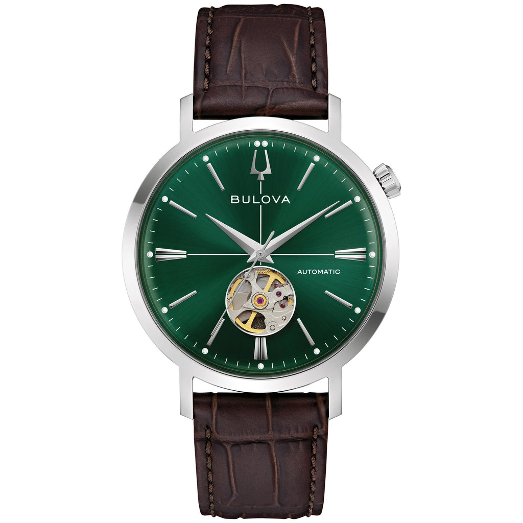 Bulova Men's Classic Aerojet 3-Hand Automatic Leather Strap Watch, Open Aperture, 40-Hour Power Reserve, Double Curved Mineral Crystal, 41mm