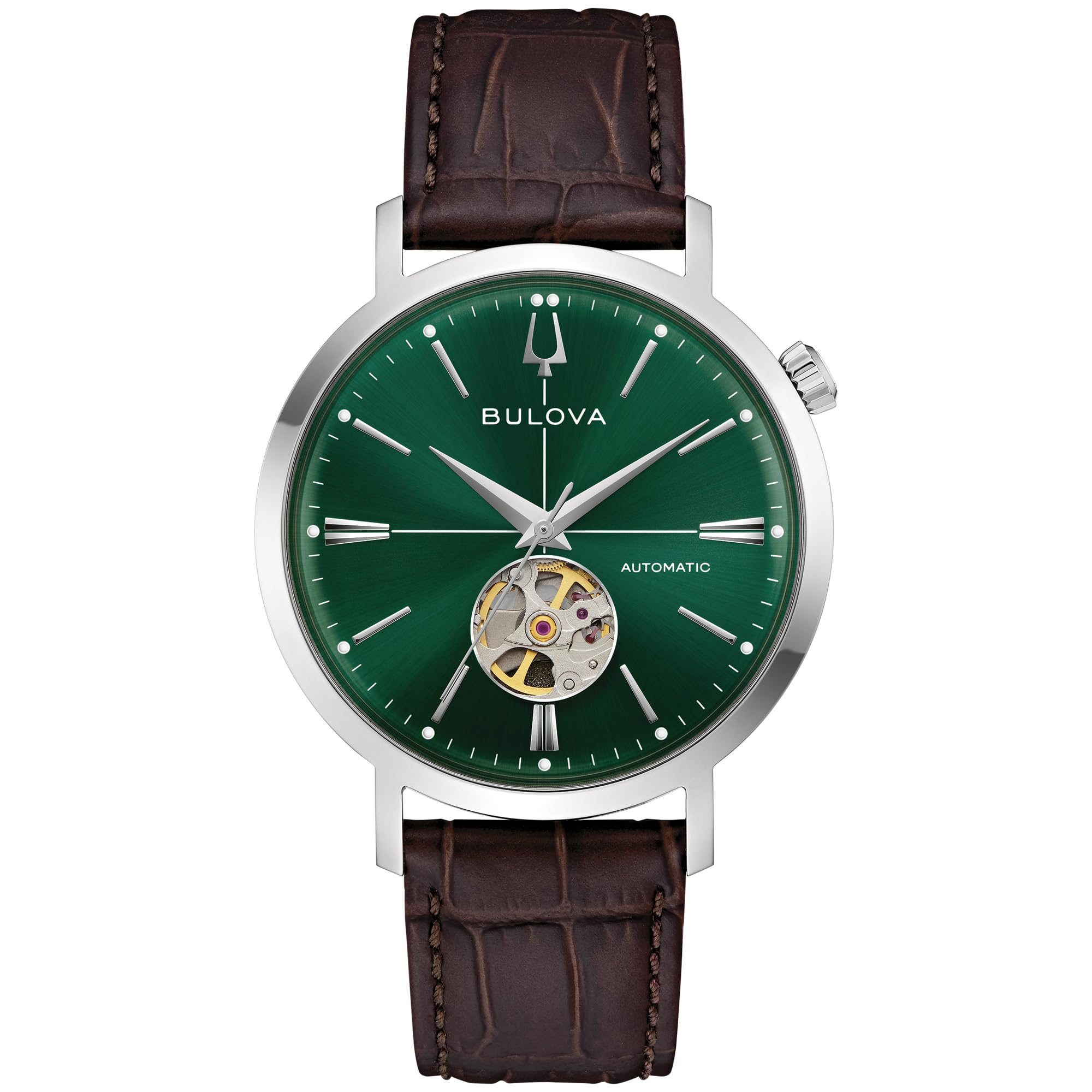 Bulova Men's Classic Aerojet 3-Hand Automatic Leather Strap Watch, Open Aperture, 40-Hour Power Reserve, Double Curved Mineral Crystal, 41mm