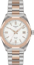 Tissot PRC 100 Solar, White Dial, 34mm Watch for Women, Two-Tone Rose Gold and Silver Stainless Steel Bracelet, Solar Quartz Movement, T1518222211100