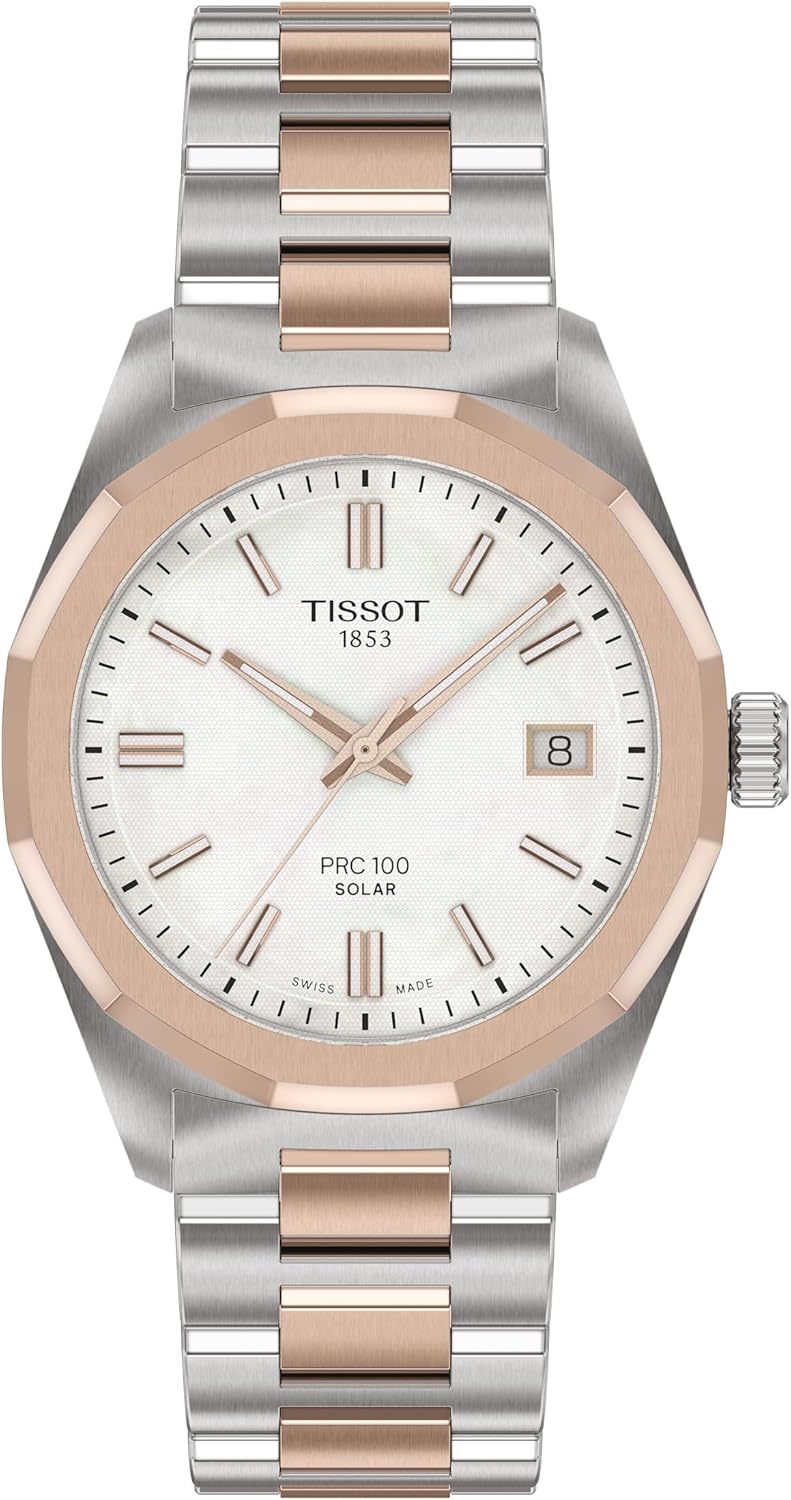 Tissot PRC 100 Solar, White Dial, 34mm Watch for Women, Two-Tone Rose Gold and Silver Stainless Steel Bracelet, Solar Quartz Movement, T1518222211100