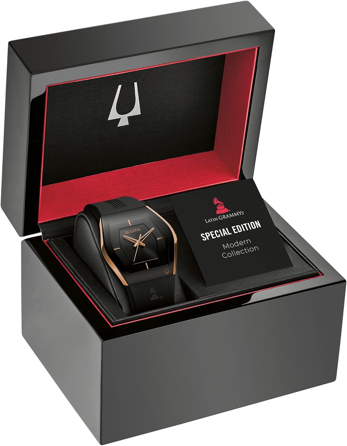 Bulova Latin Grammy Gemini Quartz Rose Gold Stainless Steel Accent with Curved Mineral Crystal and Black Silicone Strap Watch, Mens
