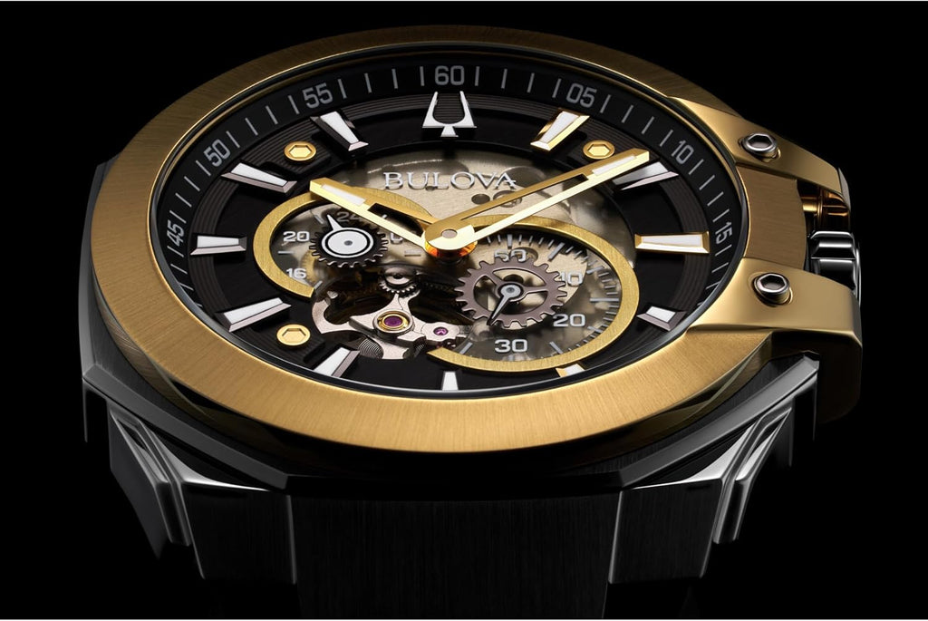 Bulova Men's Automatic Performance Maquina Watch, Black Silicone Strap, Gray Heartbeat Skeleton Dial, 42 Hour Power Reserve (Style:98A310)