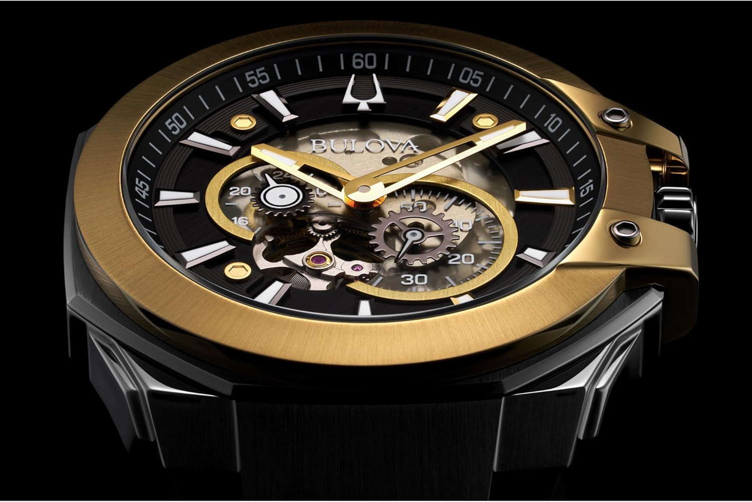 Bulova Men's Automatic Performance Maquina Watch, Black Silicone Strap, Gray Heartbeat Skeleton Dial, 42 Hour Power Reserve (Style:98A310)