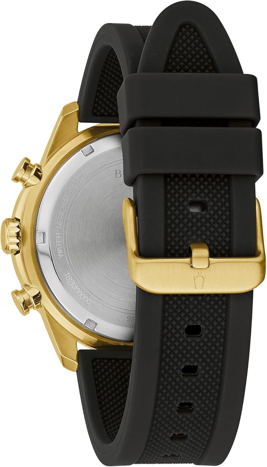 Bulova Men's Sport 6-Hand Chronograph Quartz Watch with Black Silicone Strap, 24 Hour Time, Calendar Date, Luminous Hands and Markers, 100M Water Resistant, 44mm