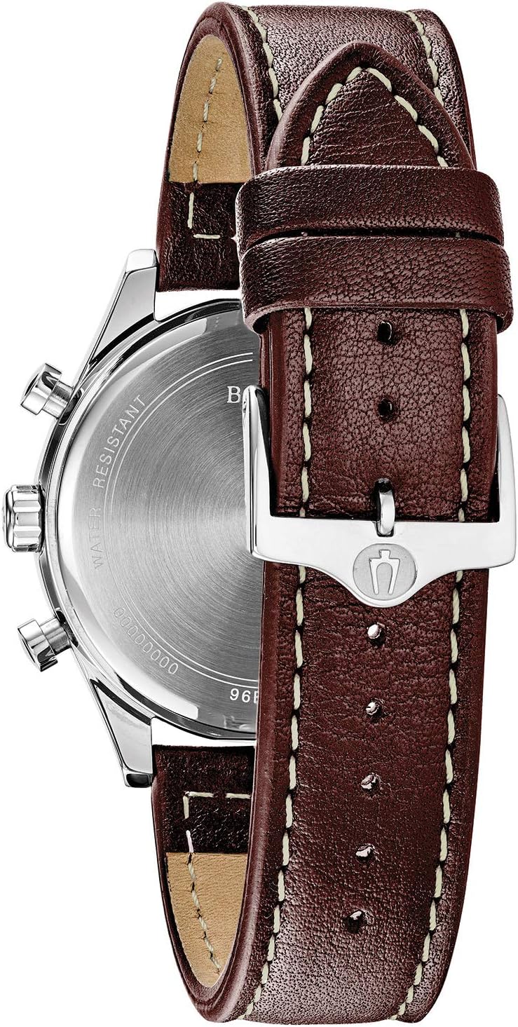 Bulova Men's Classic Stainless Steel 6-Hand Chronograph Quartz Leather Strap Watch with Grey Dial, Gold Accents, Arabic Markers, 41mm