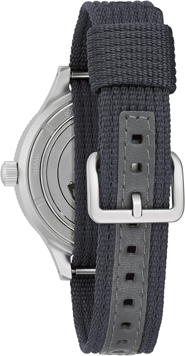Bulova Men's Archive Series MIL-SHIPS-W-2181 Stainless Steel 3-Hand Hack Automatic Watch, Grey Nylon Strap and Black Matte Dial Style: 98A266