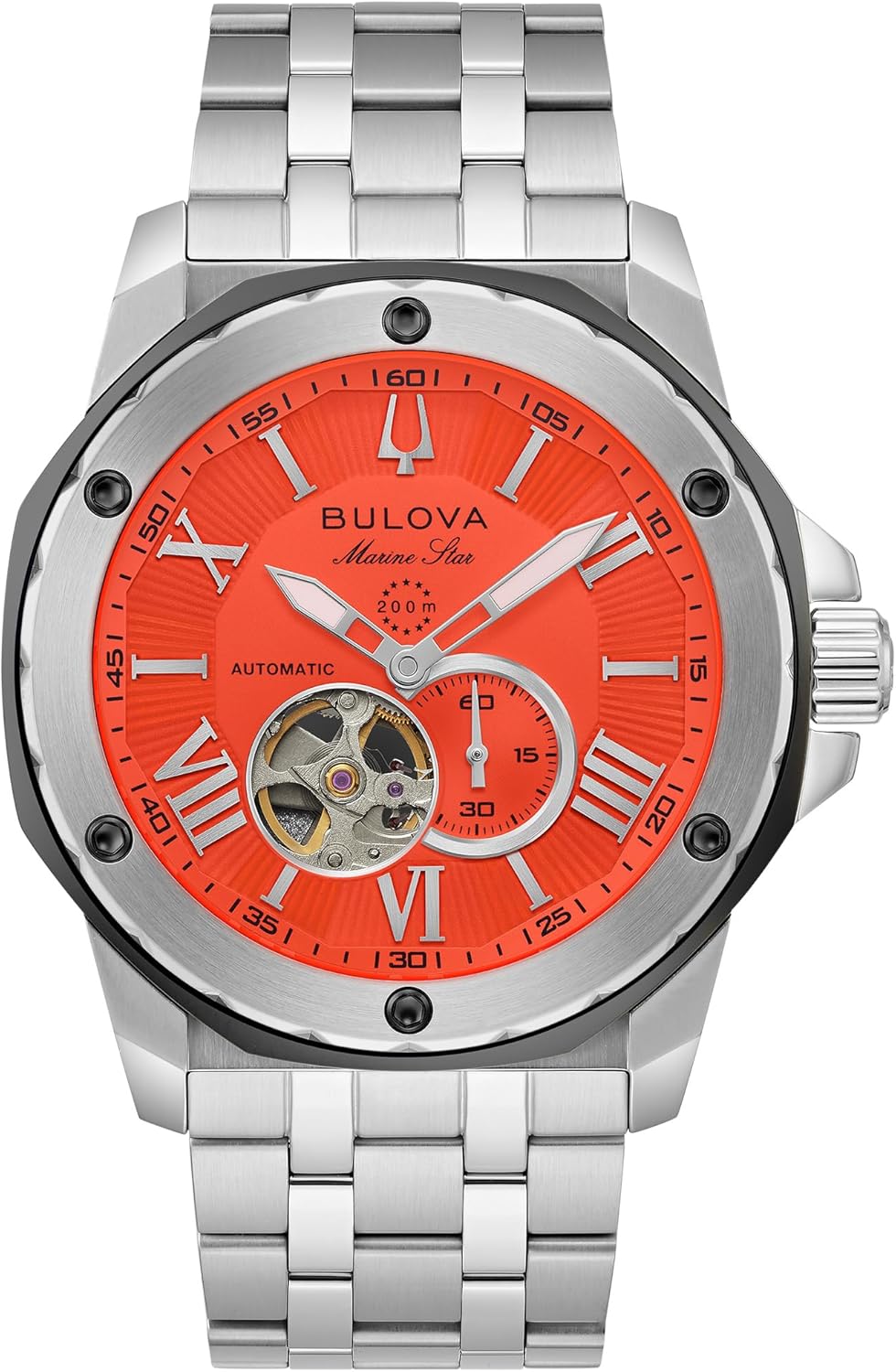 Bulova Men’s Automatic Marine Star Series A, Silver-Tone Stainless Steel Case with a 44mm Orange Heartbeat Dial (Style: 98A333)