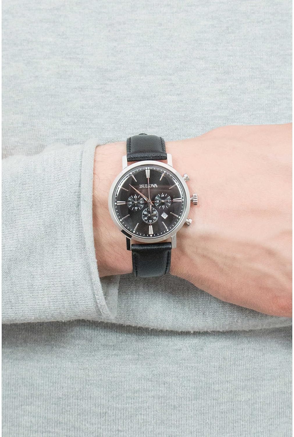 Bulova Men's Classic Aerojet Stainless Steel 6-Hand Chronograph Watch with Black Leather Strap, 41mm Style: 96B262