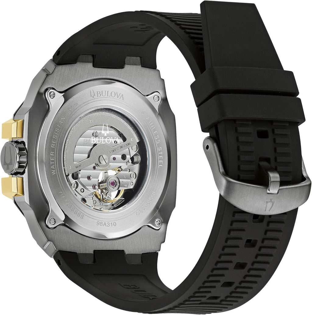 Bulova Men's Automatic Performance Maquina Watch, Black Silicone Strap, Gray Heartbeat Skeleton Dial, 42 Hour Power Reserve (Style:98A310)