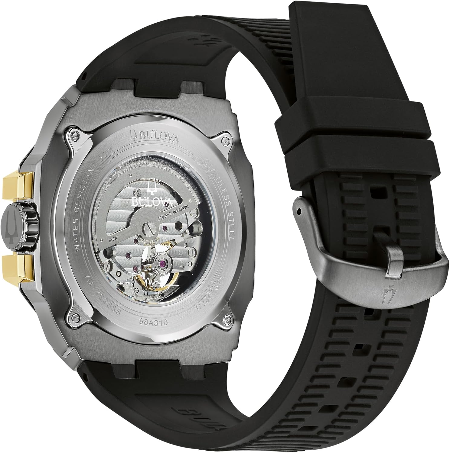 Bulova Men's Automatic Performance Maquina Watch, Black Silicone Strap, Gray Heartbeat Skeleton Dial, 42 Hour Power Reserve (Style:98A310)