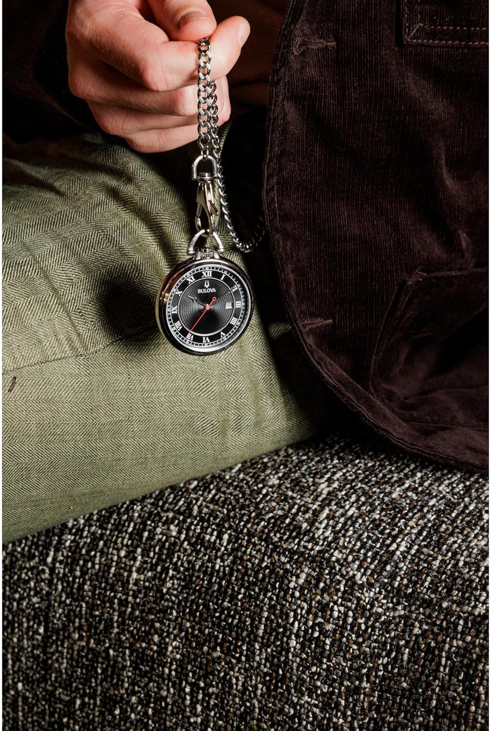 Bulova Classic Pocket Watch 3-Hand Date Quartz Stainless Steel, Black Dial with Detachable Chain Style: 96B308