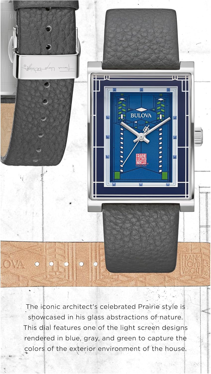 Bulova Frank Lloyd Wright Robie House Stainless Steel 3-Hand mens Quartz Watch, Gray Leather Strap Style: 96A287