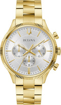 Bulova Men's Classic 6-Hand Chronograph Quartz Gold Stainless Steel Watch, 24 Hour Time, Luminous Hands, 43mm, Style:97A190