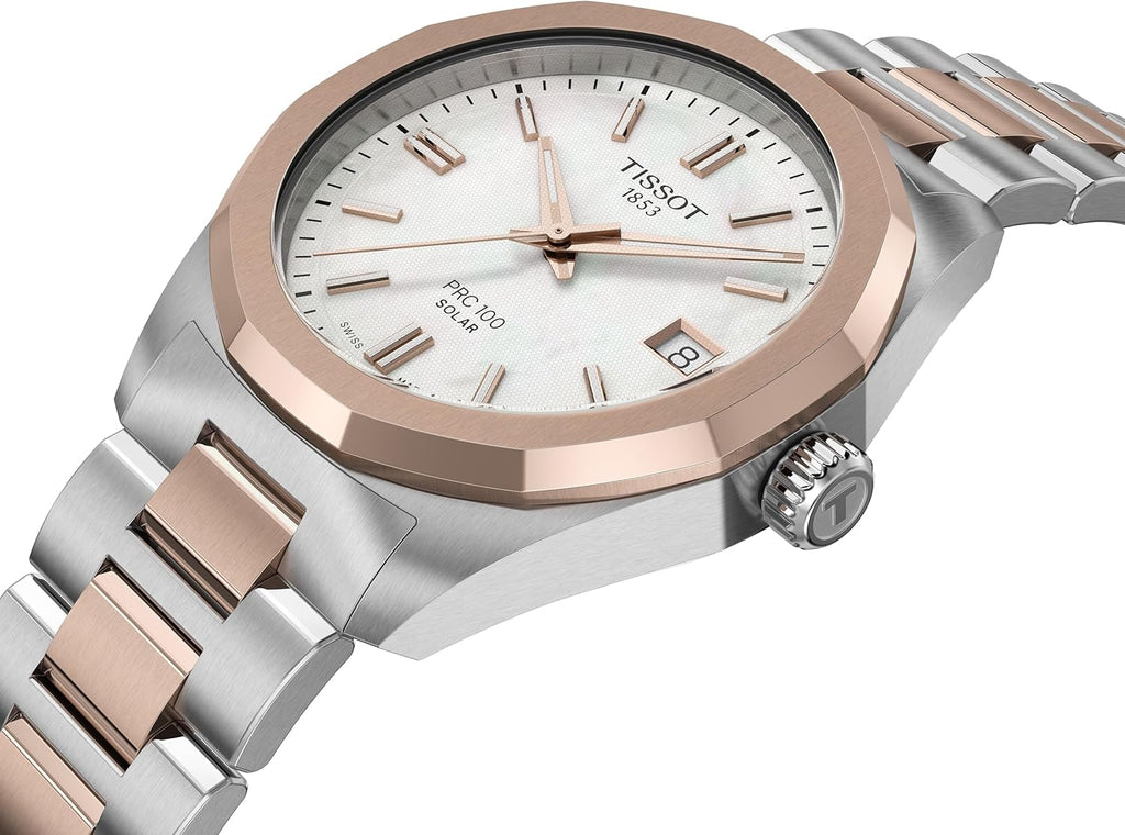 Tissot PRC 100 Solar, White Dial, 34mm Watch for Women, Two-Tone Rose Gold and Silver Stainless Steel Bracelet, Solar Quartz Movement, T1518222211100