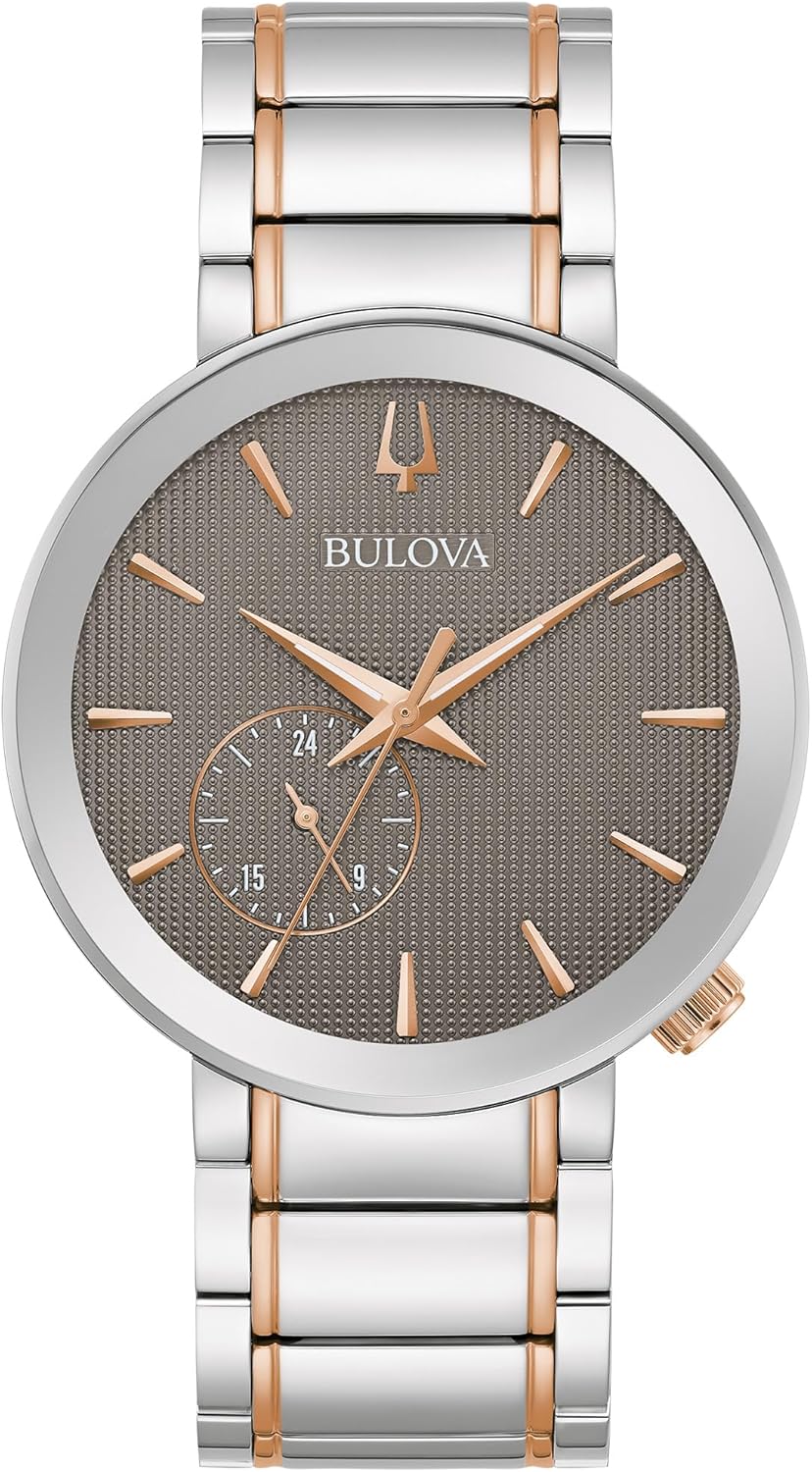 Bulova Latin Grammy Men's Modern Futuro Two Tone Rose Gold Stainless Steel Watch, Textured Grey Dial, 24 Hour Time (Model:98A309)