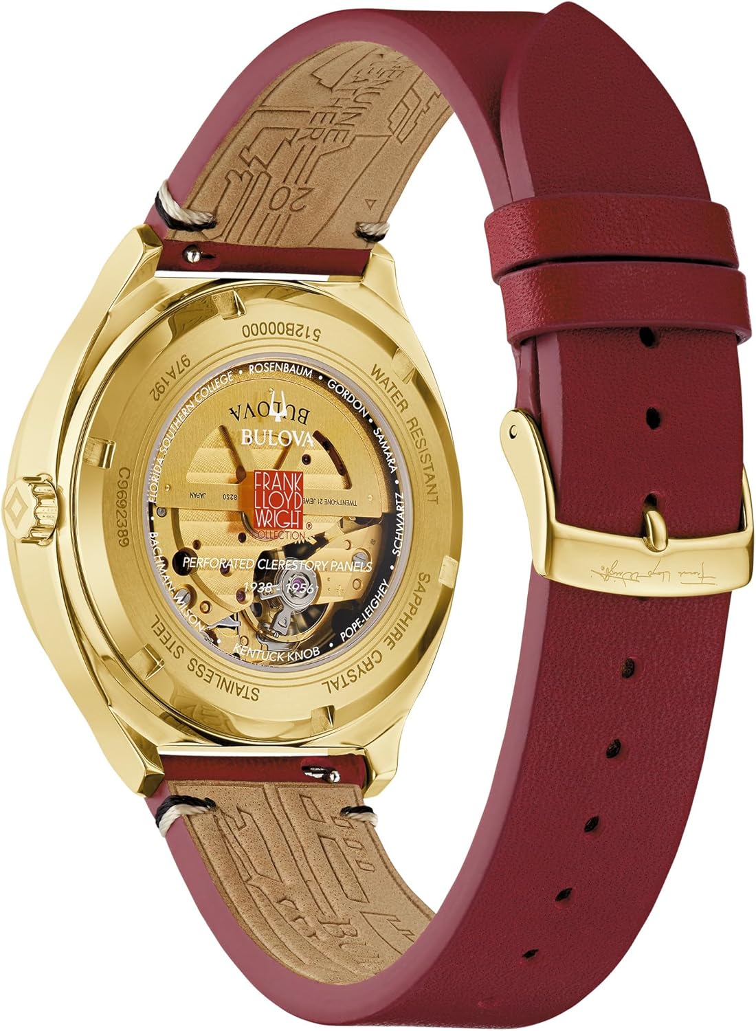 Bulova Men's Frank Lloyd Wright Automatic 'USONIA' Style Gold Stainless Steel Case and Burgundy Leather Strap Watch, 3-Hand Quartz Style:97A192