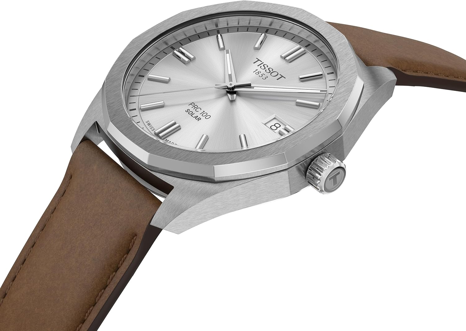 Tissot PRC 100 Solar, Silver Dial, 39mm Watch for Men, Brown Leather Strap, Solar Quartz Movement, T1514221603100