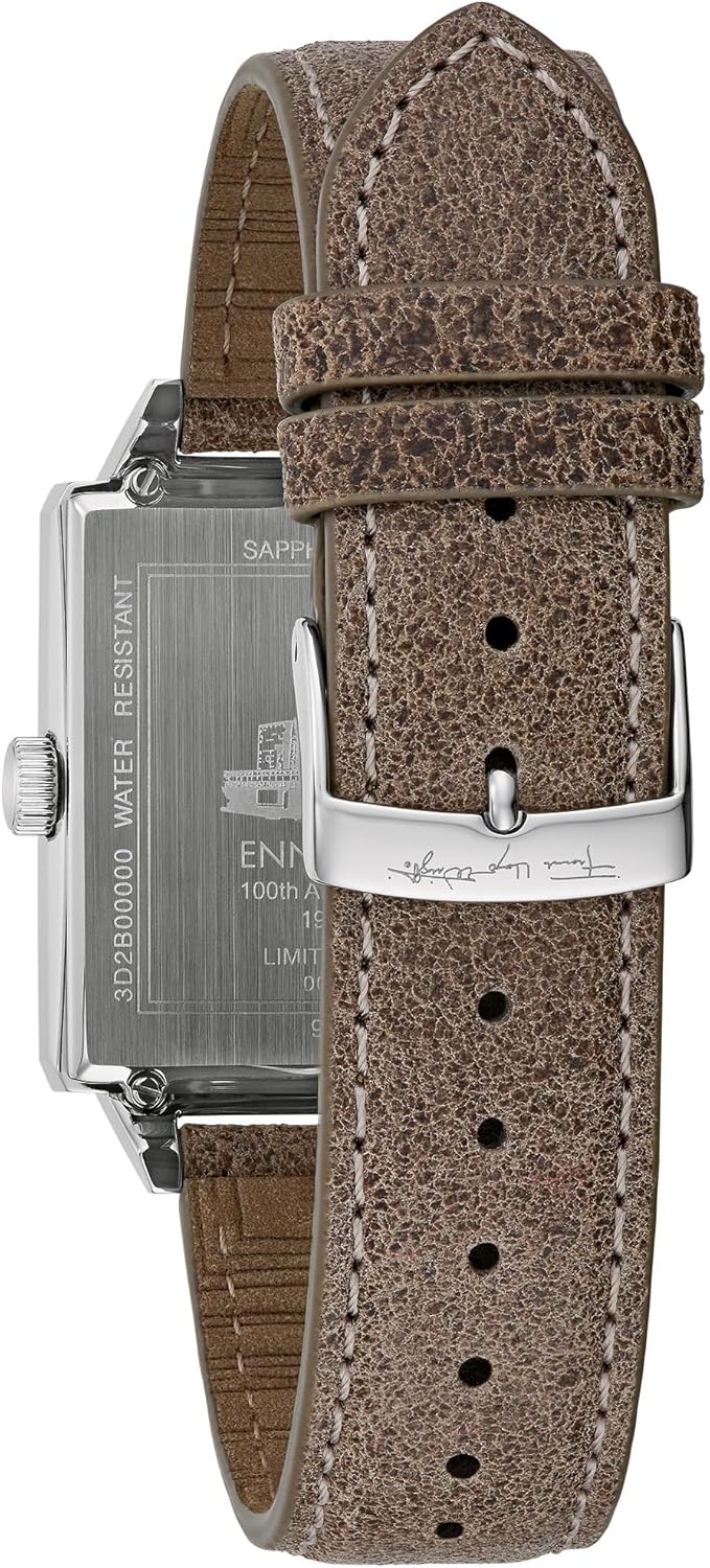 Bulova Men's Frank Lloyd Wright Limited Edition 'Ennis House' Silver Stainless Steel Watch, Grey Leather Strap Watch, Textured Medallion Grey Pattern Dial, 3 Hand (Model: 96A314)