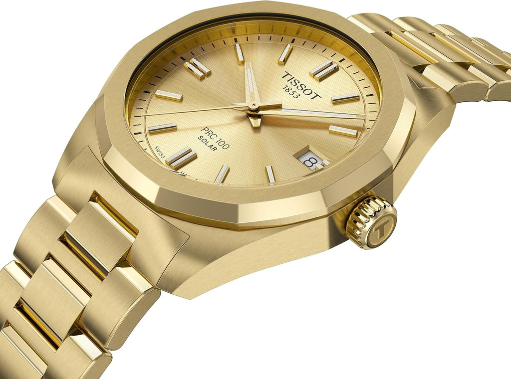 Tissot PRC 100 Solar, Gold PVD Dial, 34mm Watch for Women, Stainless Steel with Gold PVD Bracelet, Solar Quartz Movement, T1518223302100