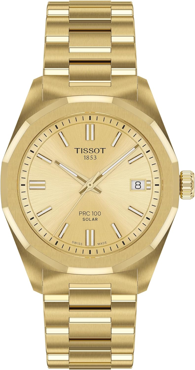Tissot PRC 100 Solar, Gold PVD Dial, 34mm Watch for Women, Stainless Steel with Gold PVD Bracelet, Solar Quartz Movement, T1518223302100