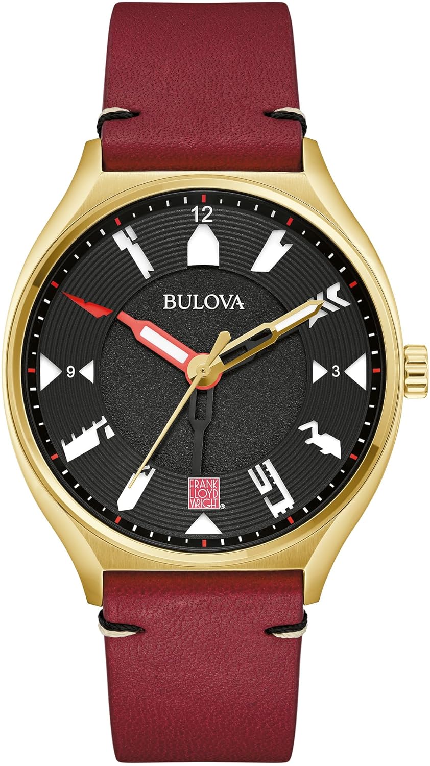 Bulova Men's Frank Lloyd Wright Automatic 'USONIA' Style Gold Stainless Steel Case and Burgundy Leather Strap Watch, 3-Hand Quartz Style:97A192