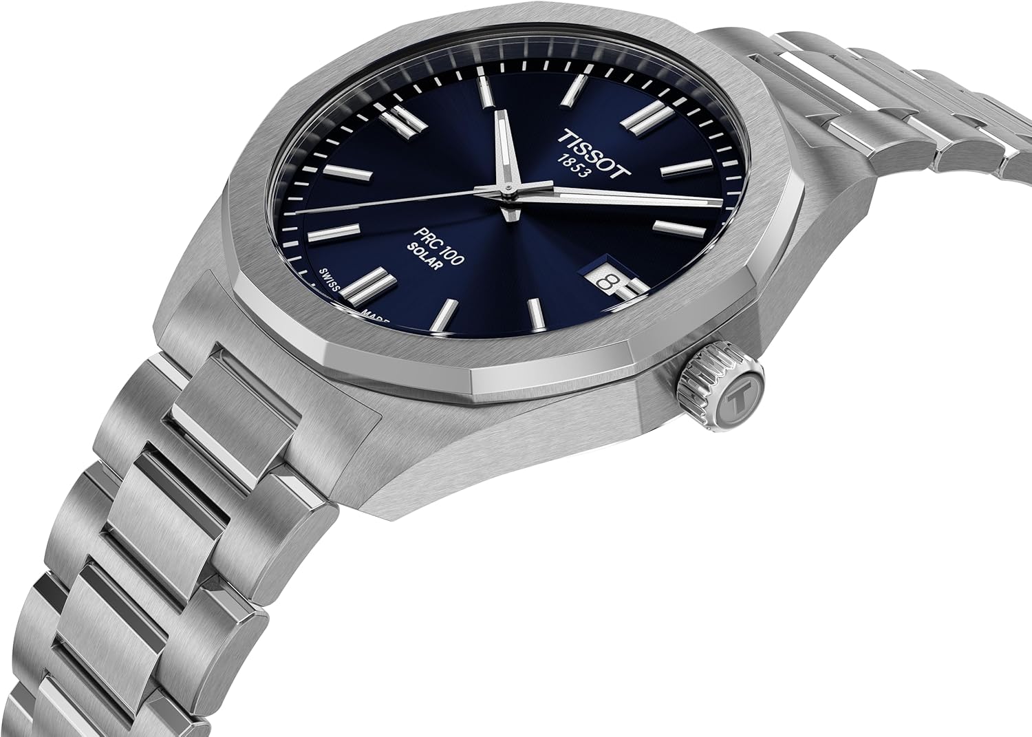 Tissot PRC 100 Solar, Blue Dial, 39mm Watch for Men, Silver Stainless Steel Bracelet, Solar Quartz Movement, T1514221104100