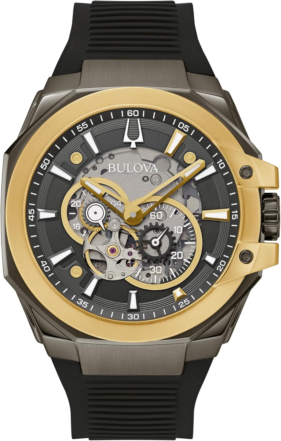 Bulova Men's Automatic Performance Maquina Watch, Black Silicone Strap, Gray Heartbeat Skeleton Dial, 42 Hour Power Reserve (Style:98A310)
