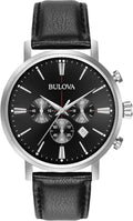 Bulova Men's Classic Aerojet Stainless Steel 6-Hand Chronograph Watch with Black Leather Strap, 41mm Style: 96B262