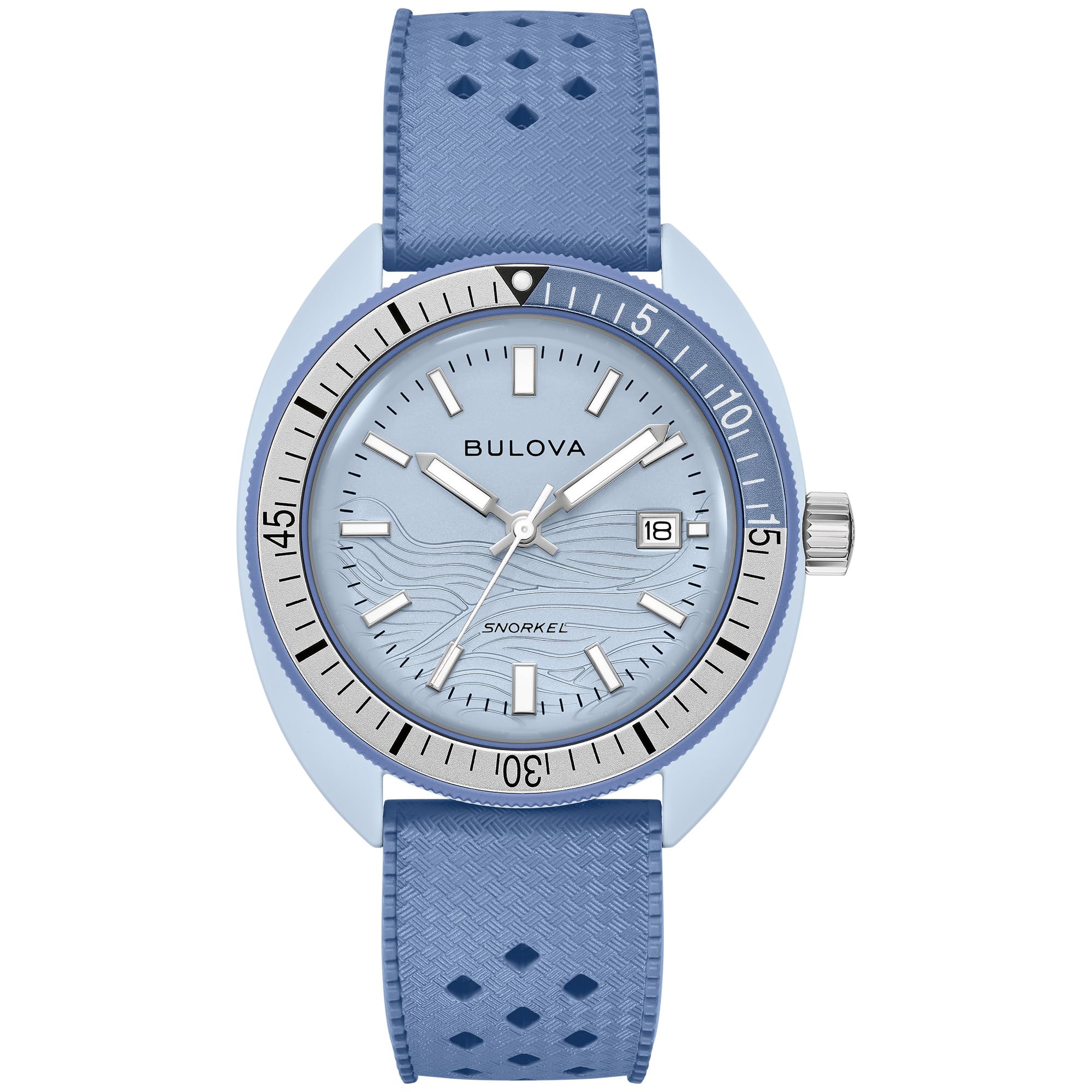 Bulova Oceanographer Snorkel Amazon Exclusive Ceramic Case and White Perforated Rubber Strap Watch, Day Date 100M WR