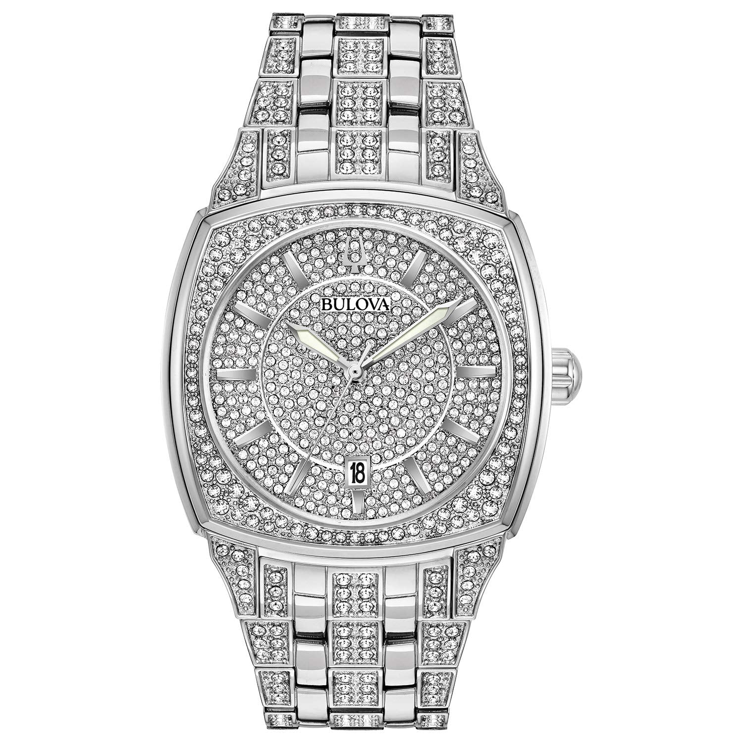 Bulova Men's Crystal Phantom 3-Hand Date Quartz Cushion Shaped Case Watch, Pave Crystal Dial, 40mm