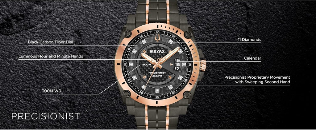 Bulova Men’s High Precisionist Quartz Icon Grey IP and Rose Gold Watch, Diamonds, 300M Water Resistant