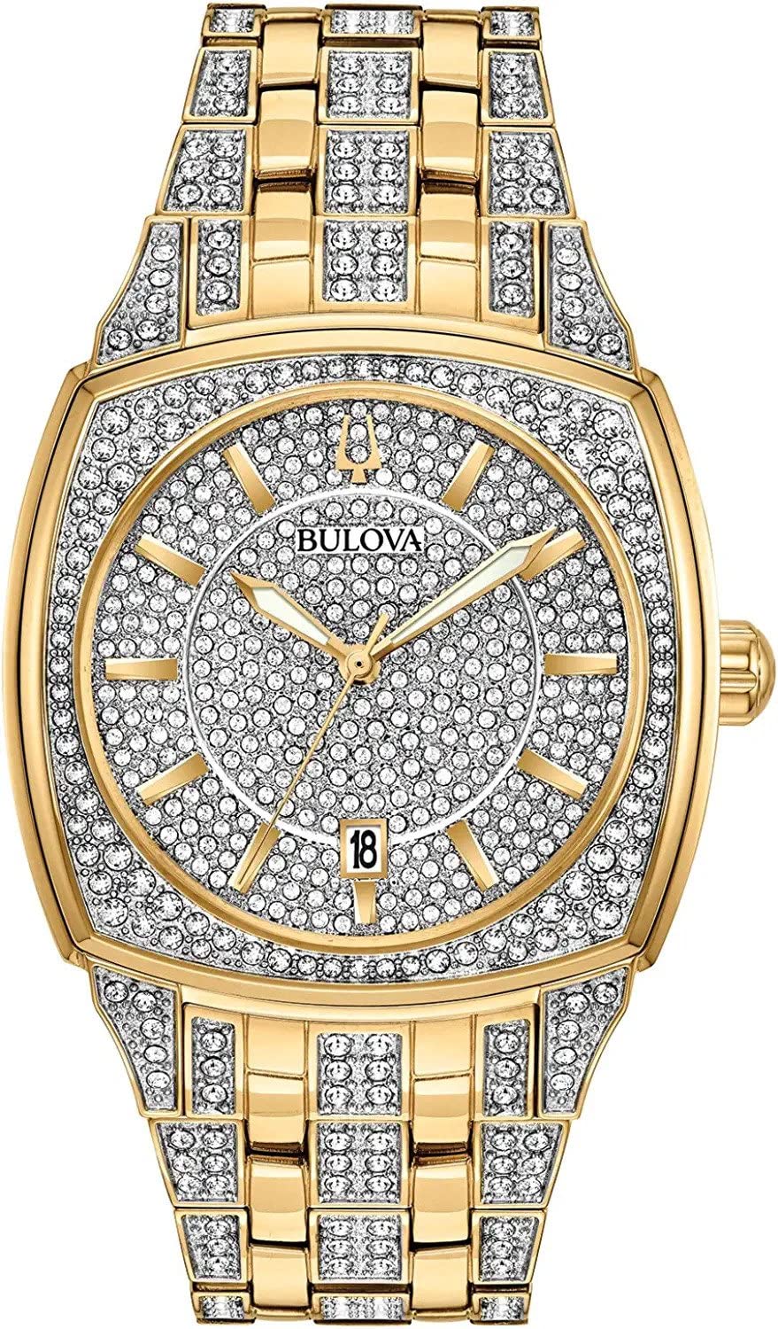 Bulova Men's Crystal Phantom 3-Hand Date Quartz Cushion Shaped Case Watch, Pave Crystal Dial, 40mm