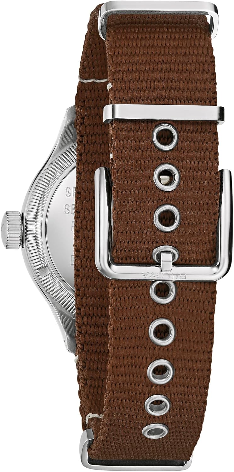 Bulova Men's Military A11 Stainless Steel 3-Hand Hack Automatic Watch, Brown Leather Strap and Blue Dial Style: 96A282