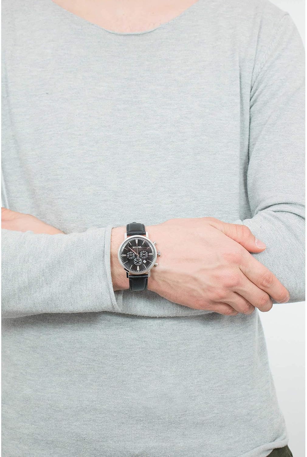 Bulova Men's Classic Aerojet Stainless Steel 6-Hand Chronograph Watch with Black Leather Strap, 41mm Style: 96B262