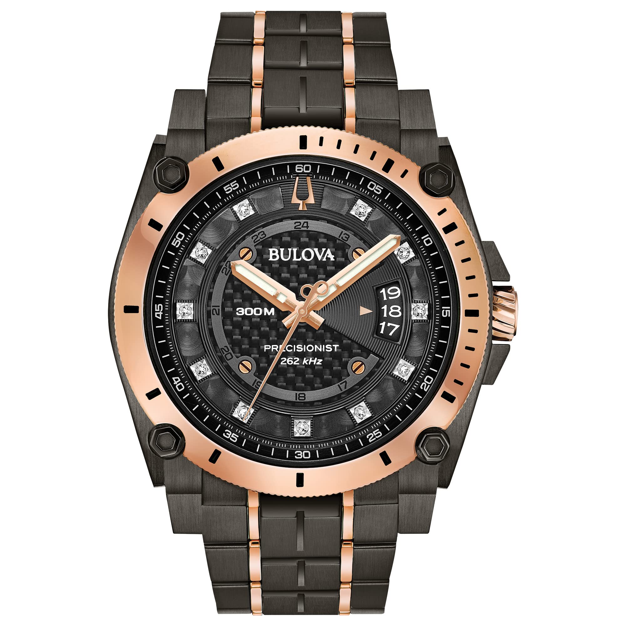 Bulova Men’s High Precisionist Quartz Icon Grey IP and Rose Gold Watch, Diamonds, 300M Water Resistant