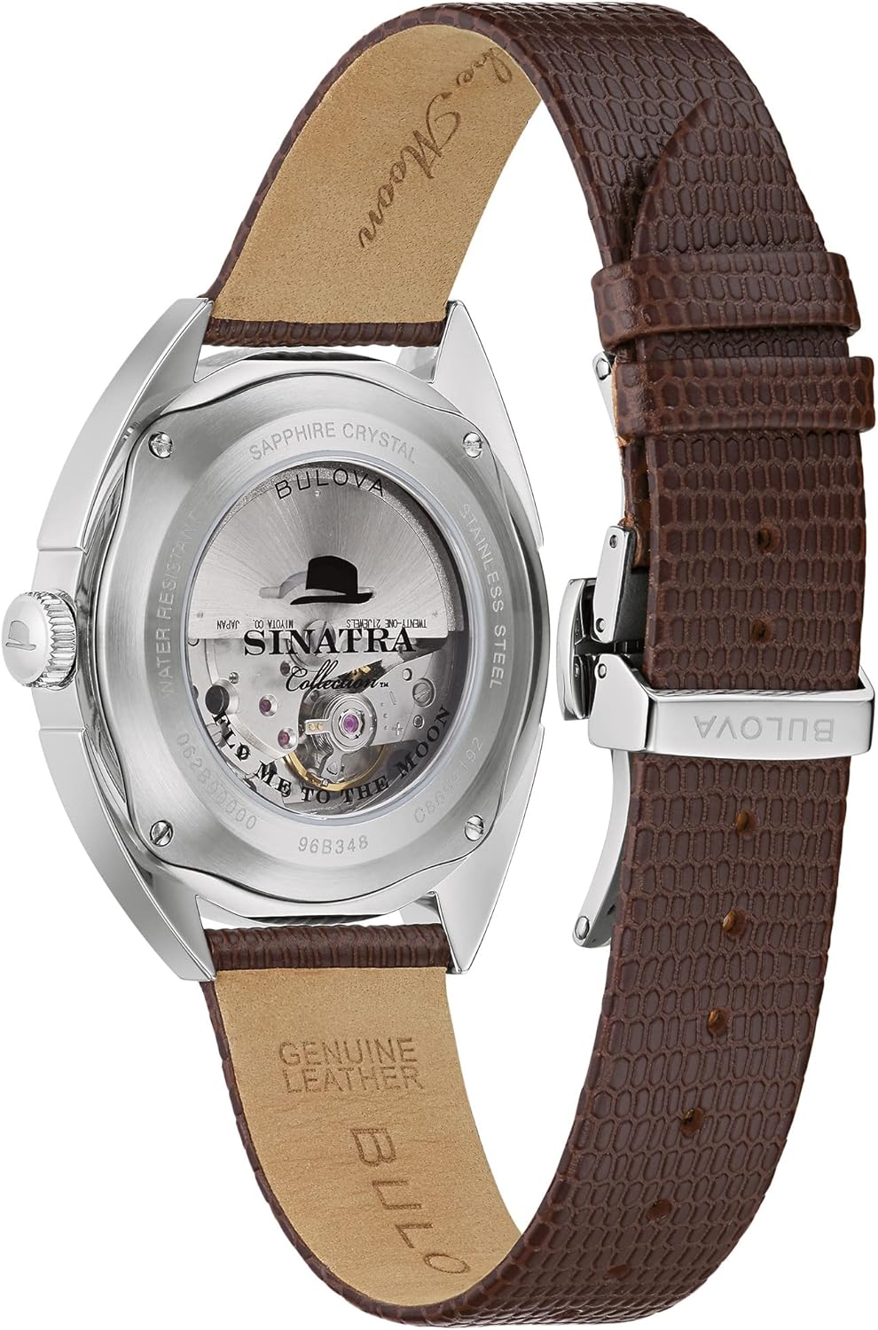 Bulova Men's Frank Sinatra 'Fly Me to The Moon' Automatic Stainless Steel Case Watch, Textured Leather Strap, 42 Hour Power Reserve, 3 Hand