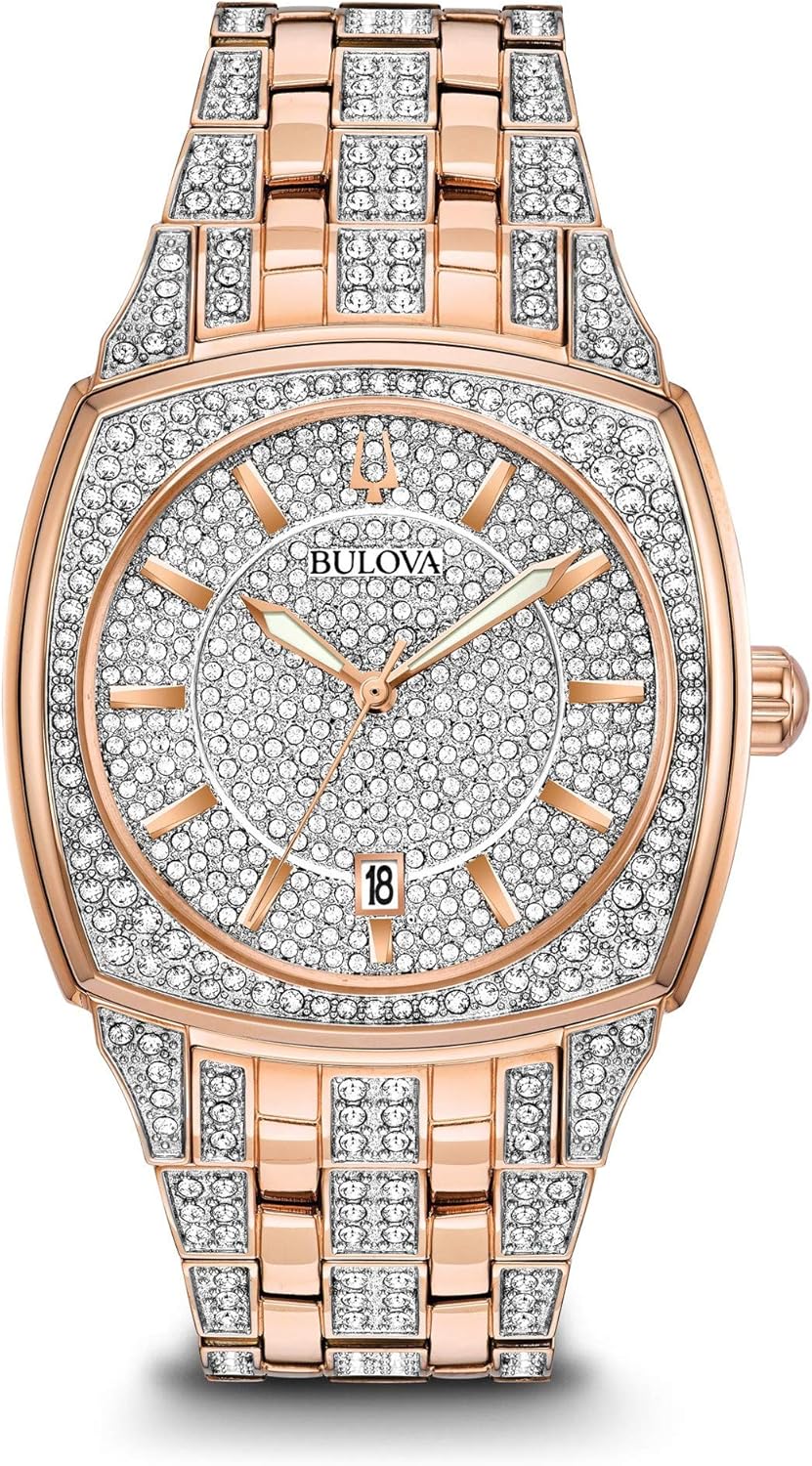 Bulova Men's Crystal Phantom 3-Hand Date Quartz Cushion Shaped Case Watch, Pave Crystal Dial, 40mm