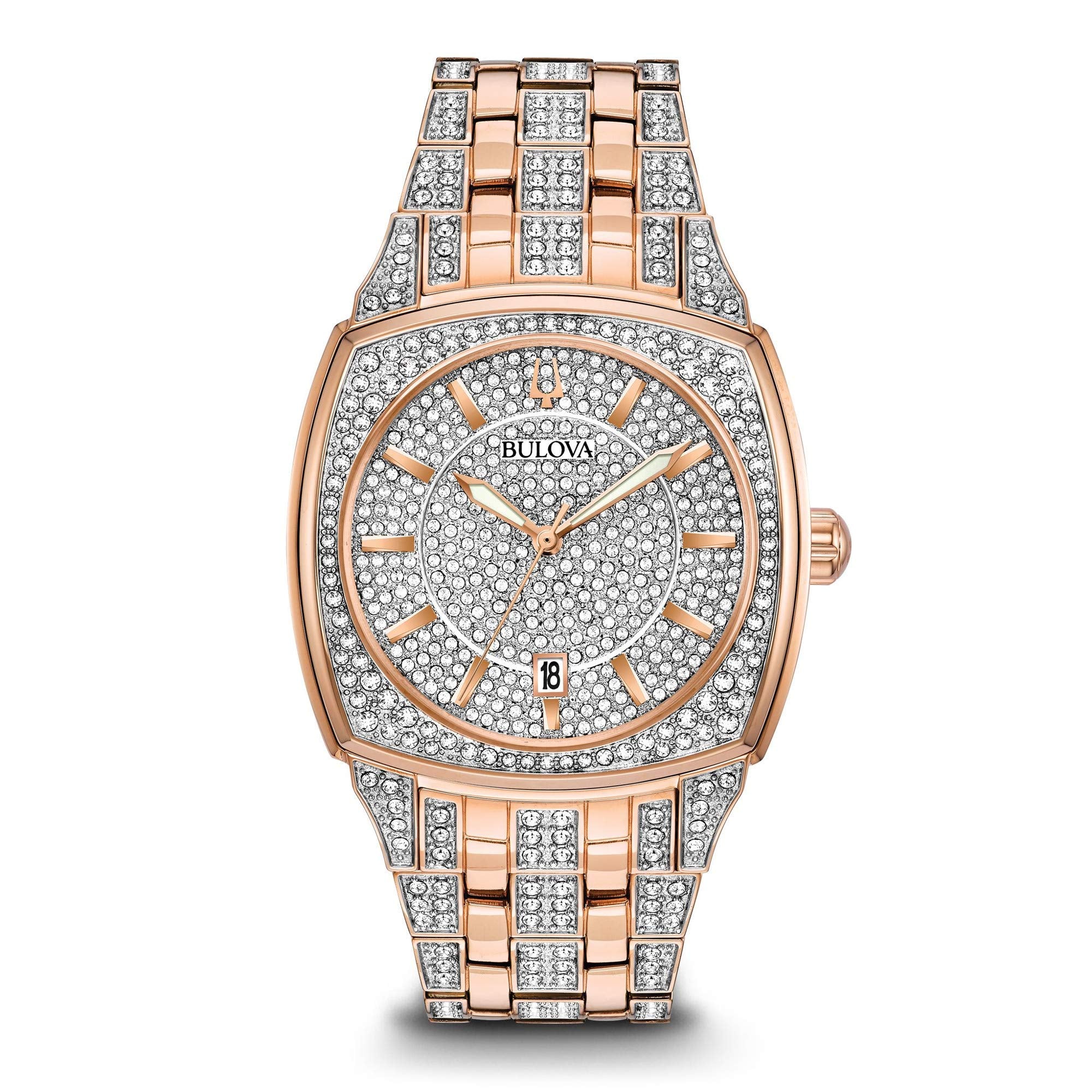 Bulova Men's Crystal Phantom 3-Hand Date Quartz Cushion Shaped Case Watch, Pave Crystal Dial, 40mm